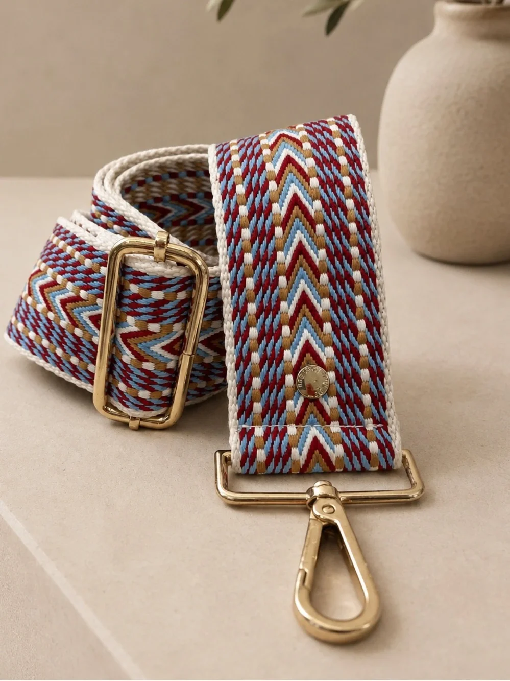 Boho Woven Adjustable Crossbody Bag Strap Red Blue Tan Gold Hardware